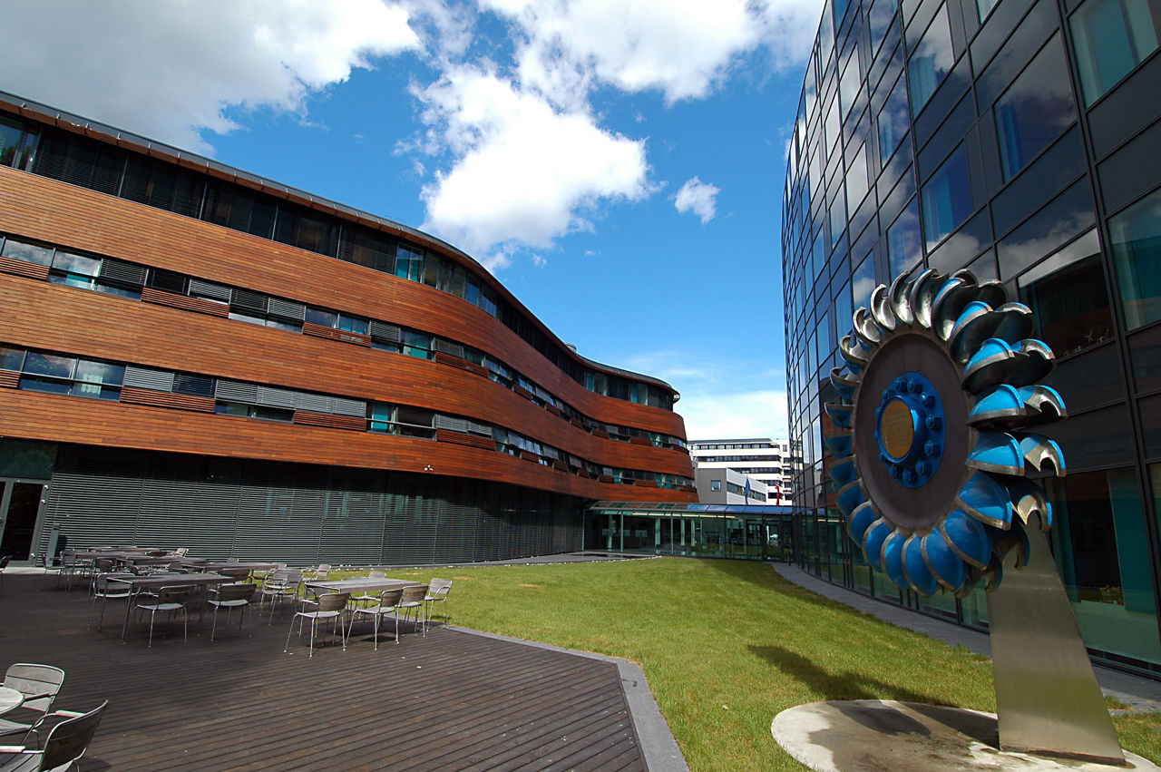 Office buildings with decorative turbine outside